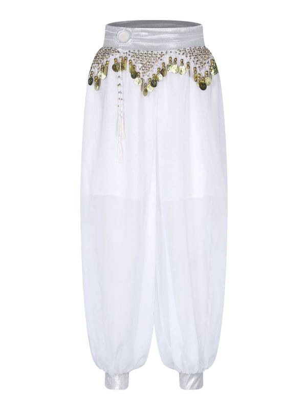 Women Chiffon Plastic Beads Tassels Metallic Side Slit Belly Dance Pants thumb