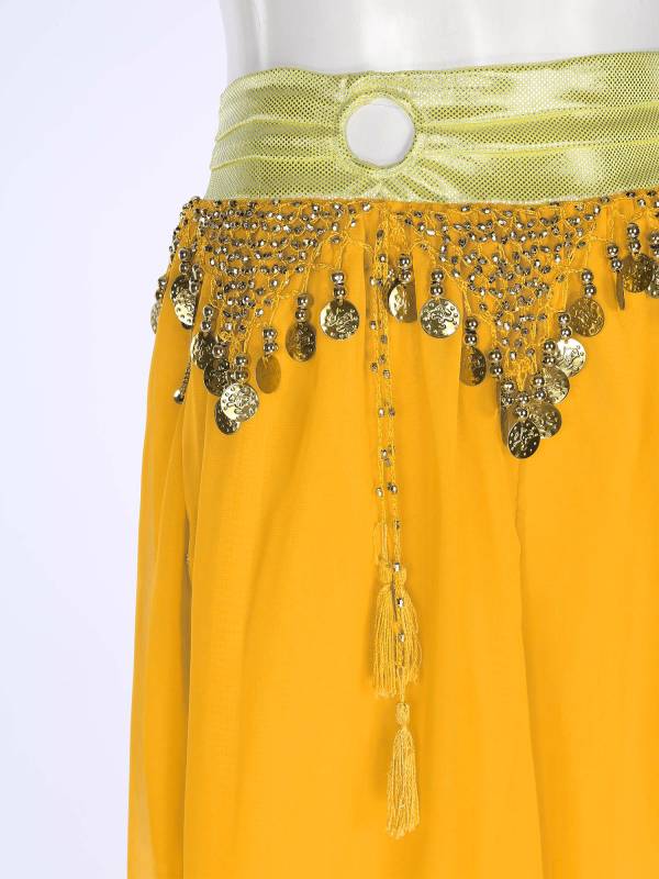 Women Chiffon Plastic Beads Tassels Metallic Side Slit Belly Dance Pants thumb