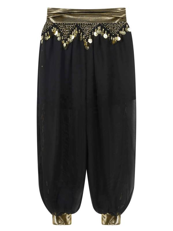 Women Chiffon Plastic Beads Tassels Metallic Side Slit Belly Dance Pants thumb