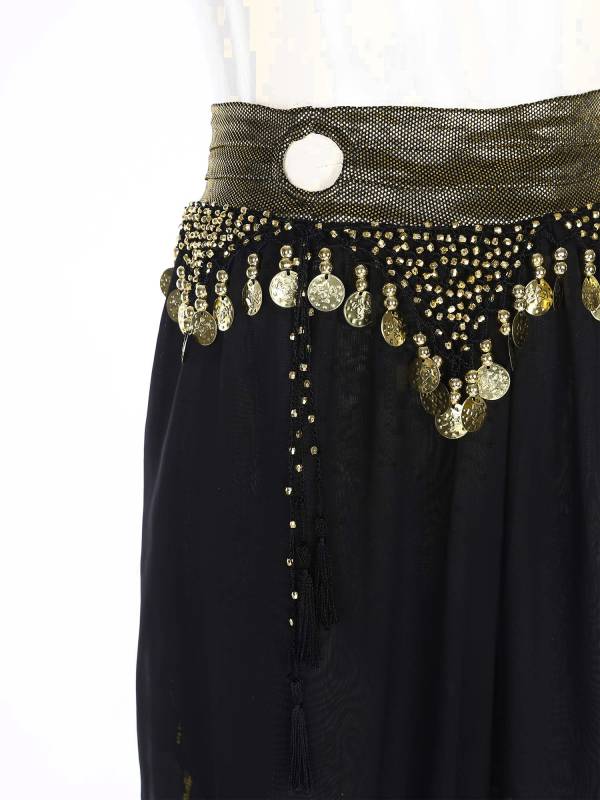 Women Chiffon Plastic Beads Tassels Metallic Side Slit Belly Dance Pants thumb