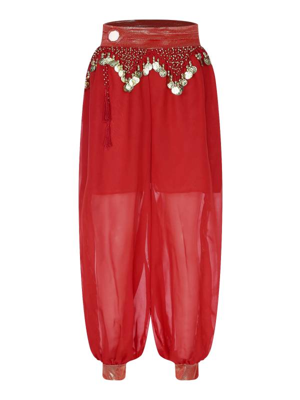 Women Chiffon Plastic Beads Tassels Metallic Side Slit Belly Dance Pants thumb