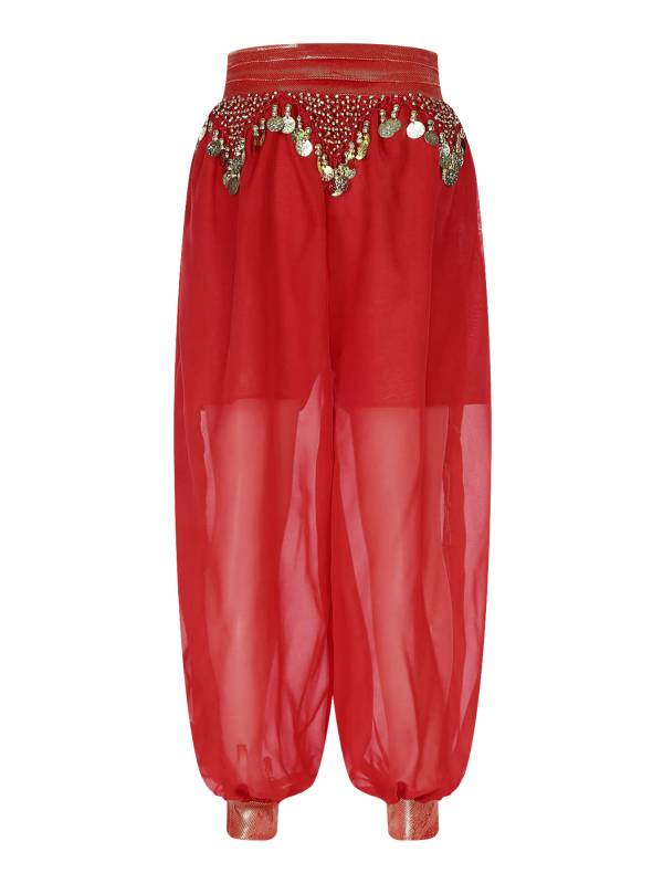 Women Chiffon Plastic Beads Tassels Metallic Side Slit Belly Dance Pants thumb