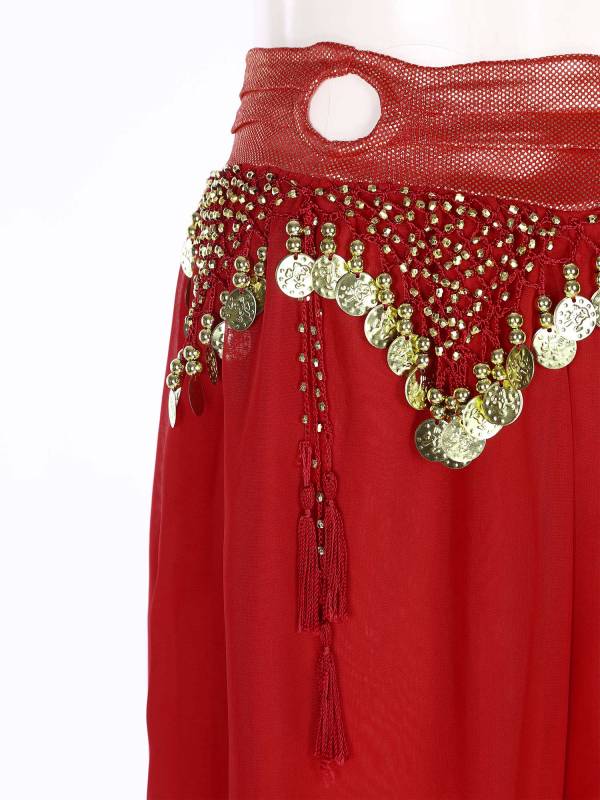 Women Chiffon Plastic Beads Tassels Metallic Side Slit Belly Dance Pants thumb