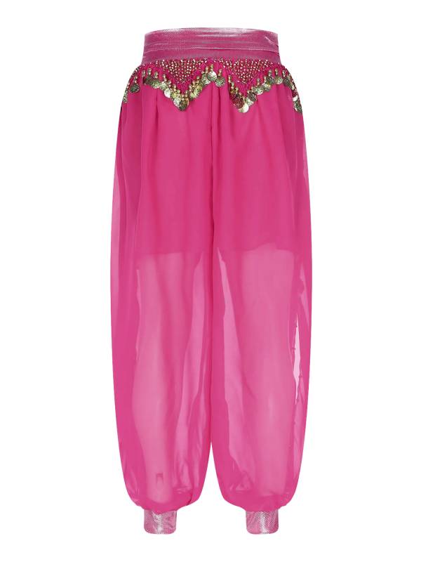Women Chiffon Plastic Beads Tassels Metallic Side Slit Belly Dance Pants thumb