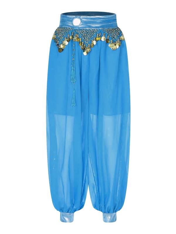 Women Chiffon Plastic Beads Tassels Metallic Side Slit Belly Dance Pants thumb
