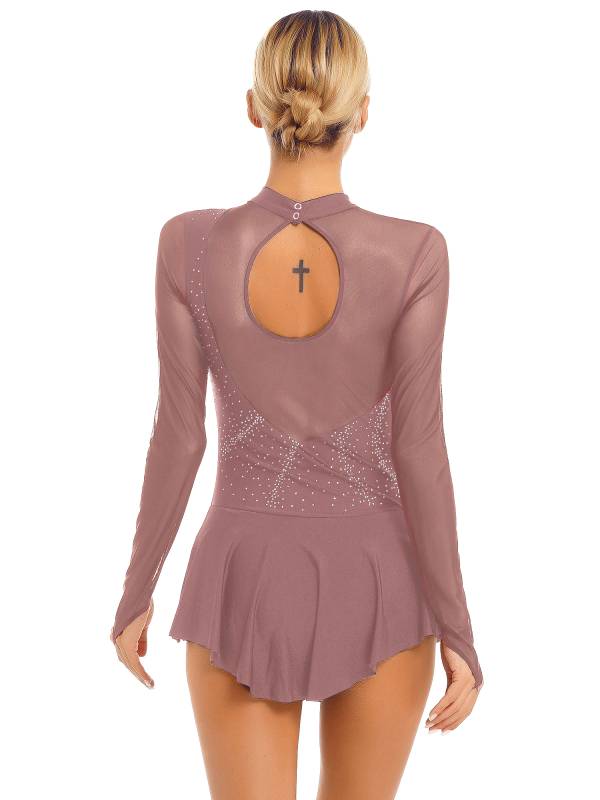 Women Glitter Rhinestone Dress Figure Skating Dance Leotard Dress thumb