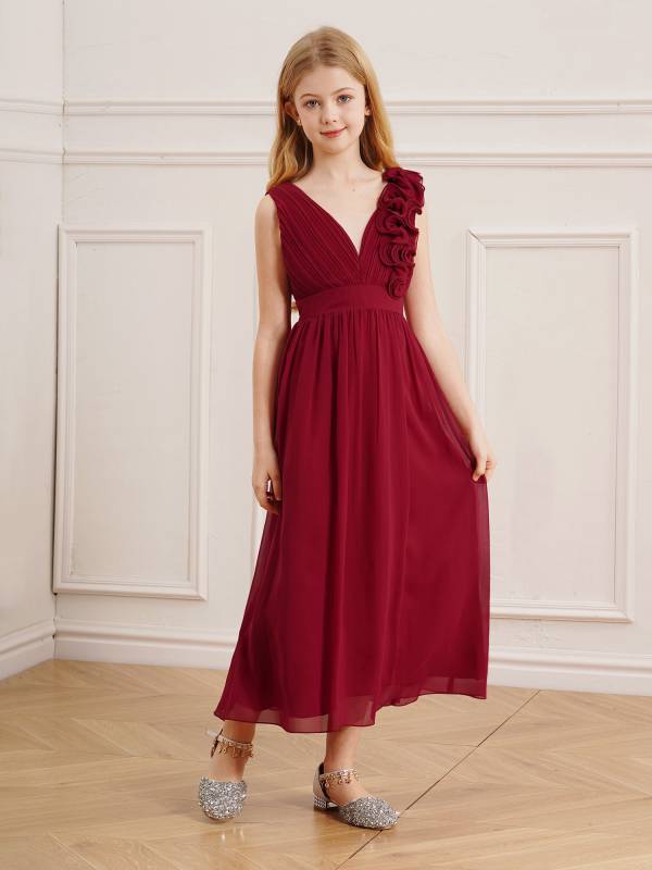 Kids Girls Chiffon Sleeveless 3D Applique Junior Bridesmaid Dresses thumb