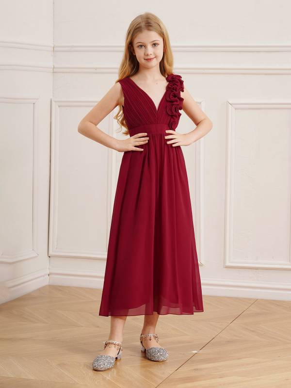 Kids Girls Chiffon Sleeveless 3D Applique Junior Bridesmaid Dresses thumb