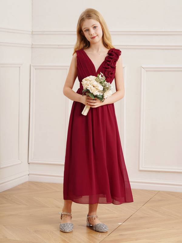 Kids Girls Chiffon Sleeveless 3D Applique Junior Bridesmaid Dresses thumb