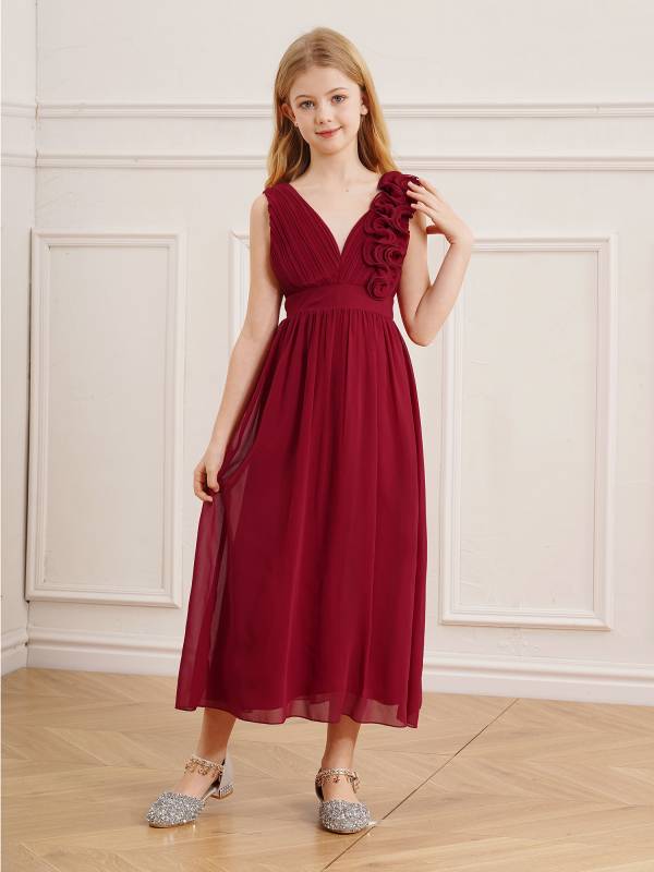 Kids Girls Chiffon Sleeveless 3D Applique Junior Bridesmaid Dresses thumb