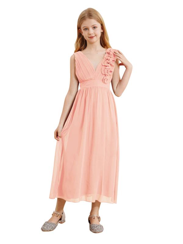 Kids Girls Chiffon Sleeveless 3D Applique Junior Bridesmaid Dresses thumb