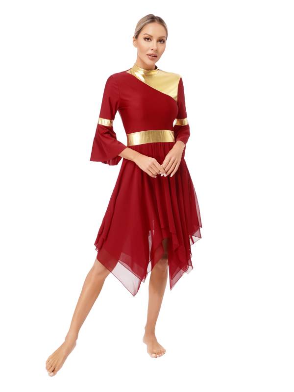 Women 3/4 Flare Sleeve Asymmetrical Liturgical Praise Dance Dress thumb