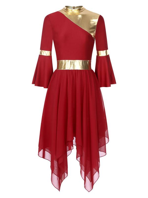 Women 3/4 Flare Sleeve Asymmetrical Liturgical Praise Dance Dress thumb