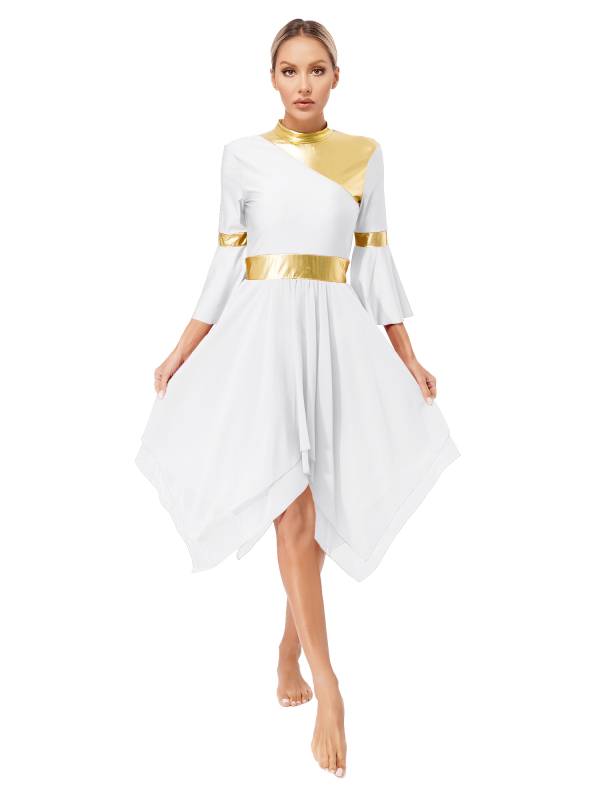 Women 3/4 Flare Sleeve Asymmetrical Liturgical Praise Dance Dress thumb