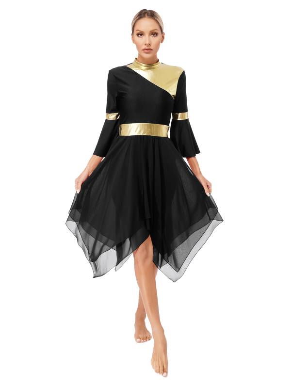 Women 3/4 Flare Sleeve Asymmetrical Liturgical Praise Dance Dress thumb