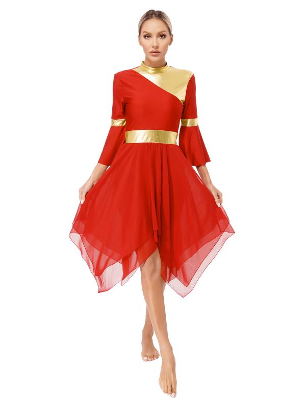 Women 3/4 Flare Sleeve Asymmetrical Liturgical Praise Dance Dress thumb