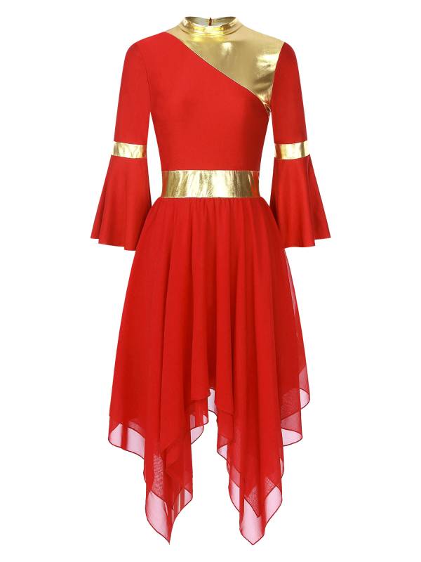Women 3/4 Flare Sleeve Asymmetrical Liturgical Praise Dance Dress thumb
