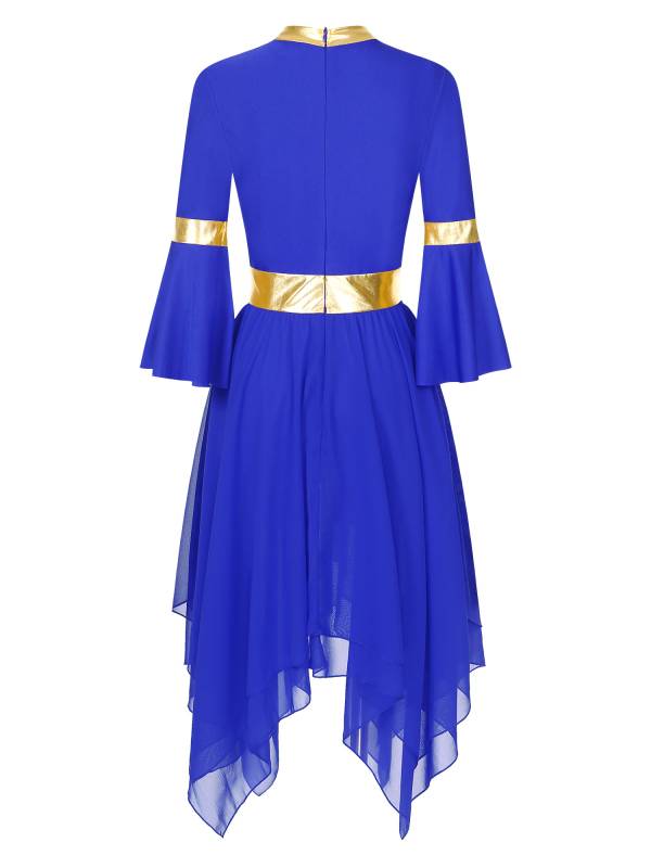 Women 3/4 Flare Sleeve Asymmetrical Liturgical Praise Dance Dress thumb