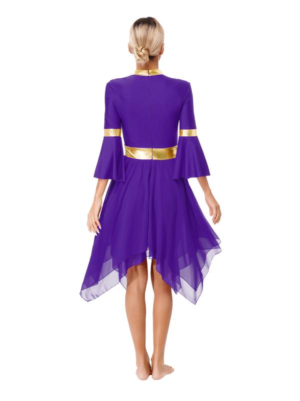 Women 3/4 Flare Sleeve Asymmetrical Liturgical Praise Dance Dress thumb