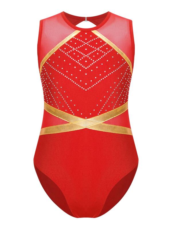 Kids Girls Sleeveless Glittery Rhinestones Gymnastics Leotard thumb