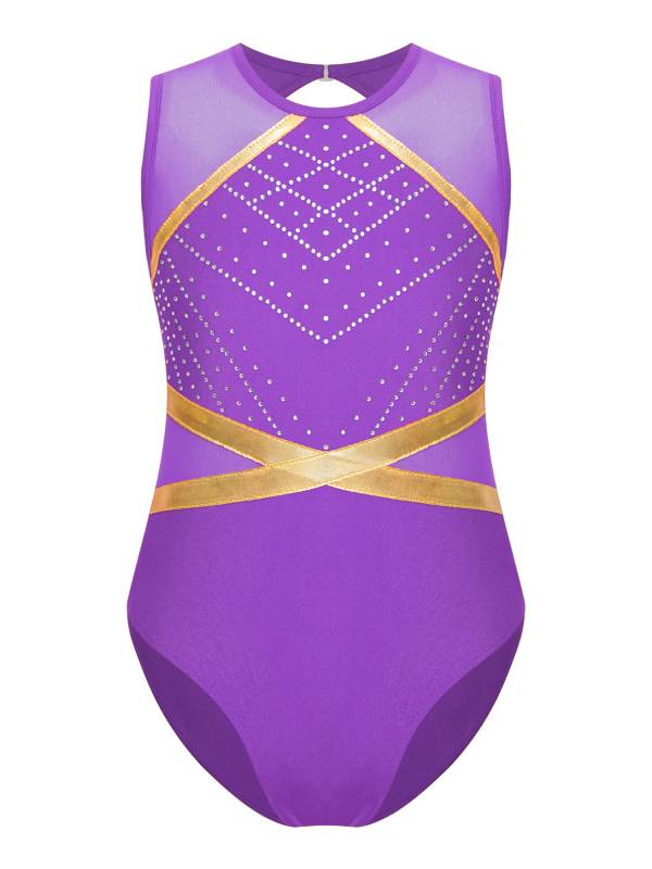 Kids Girls Sleeveless Glittery Rhinestones Gymnastics Leotard thumb