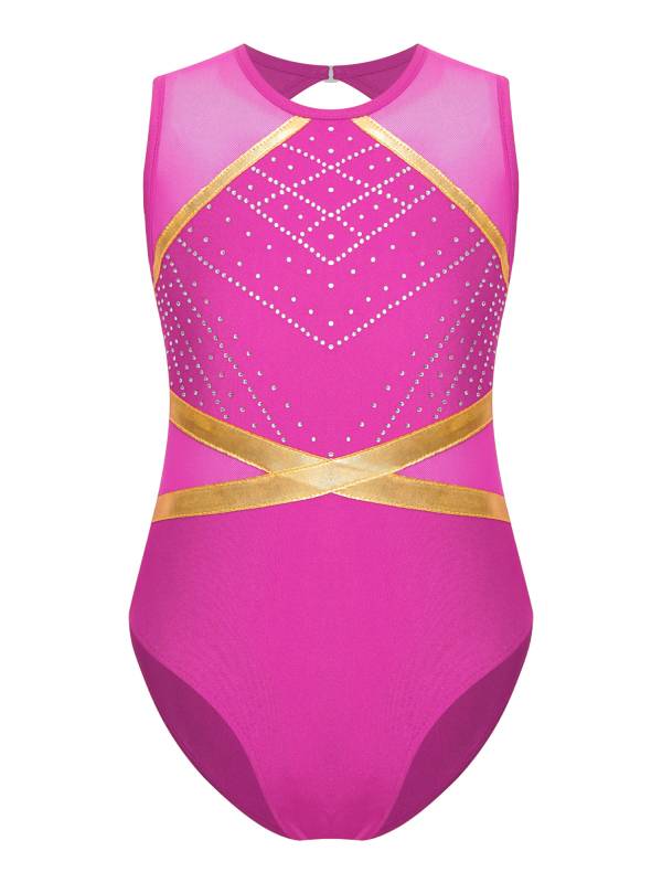 Kids Girls Sleeveless Glittery Rhinestones Gymnastics Leotard thumb