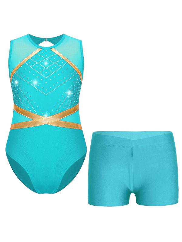 Kids Girls 2pcs Sleeveless Rhinestones Leotard and Shorts Gymnastic Sets thumb