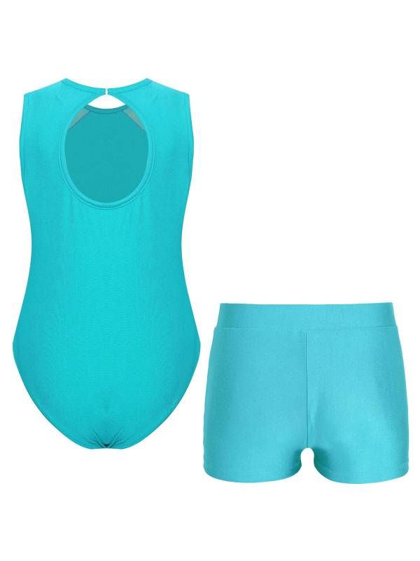 Kids Girls 2pcs Sleeveless Rhinestones Leotard and Shorts Gymnastic Sets thumb