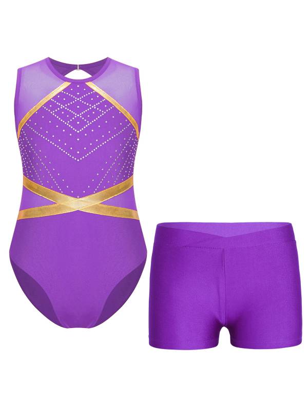 Kids Girls 2pcs Sleeveless Rhinestones Leotard and Shorts Gymnastic Sets thumb