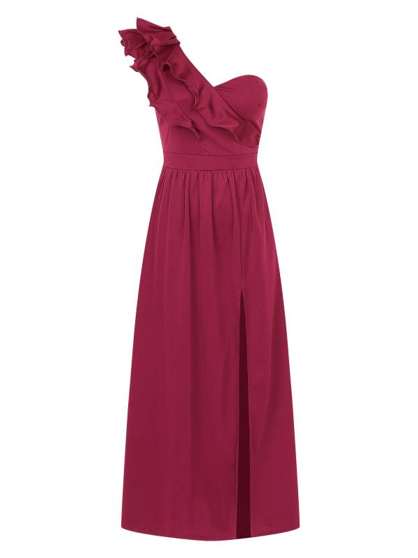 Women Sleeveless One Shoulder Ruffle Side Slit Maxi Dress thumb
