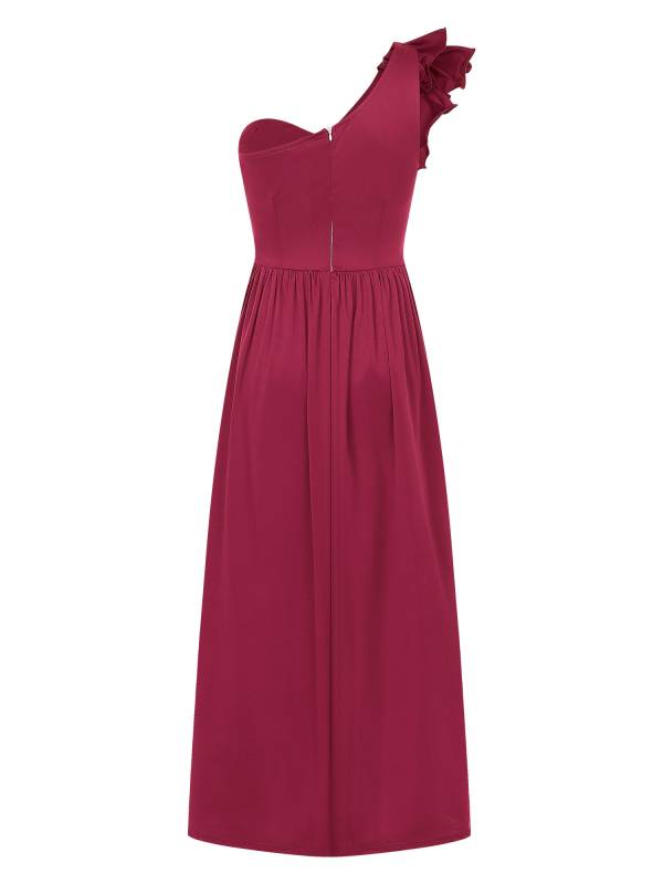 Women Sleeveless One Shoulder Ruffle Side Slit Maxi Dress thumb