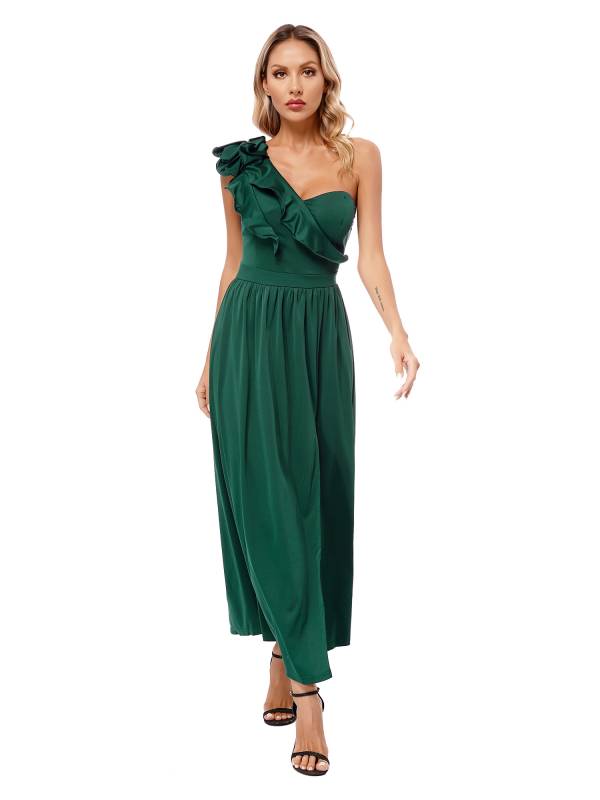 Women Sleeveless One Shoulder Ruffle Side Slit Maxi Dress thumb