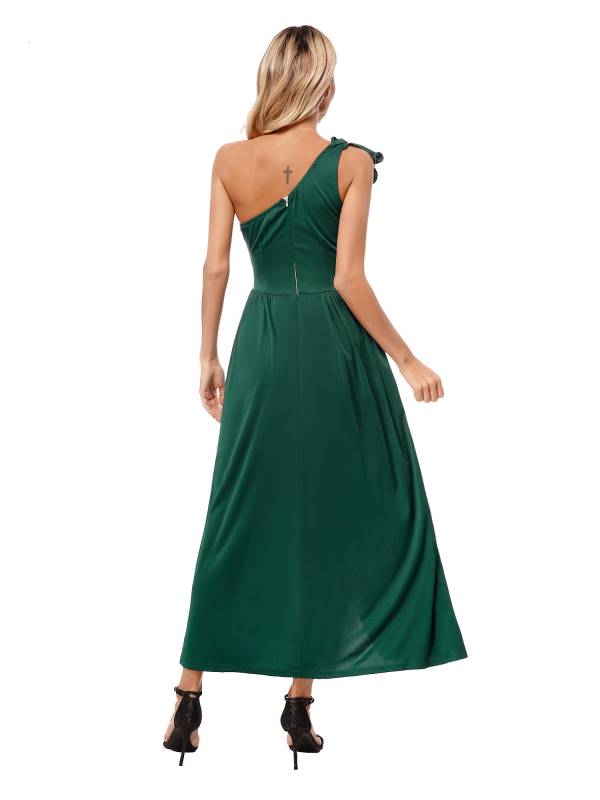 Women Sleeveless One Shoulder Ruffle Side Slit Maxi Dress thumb
