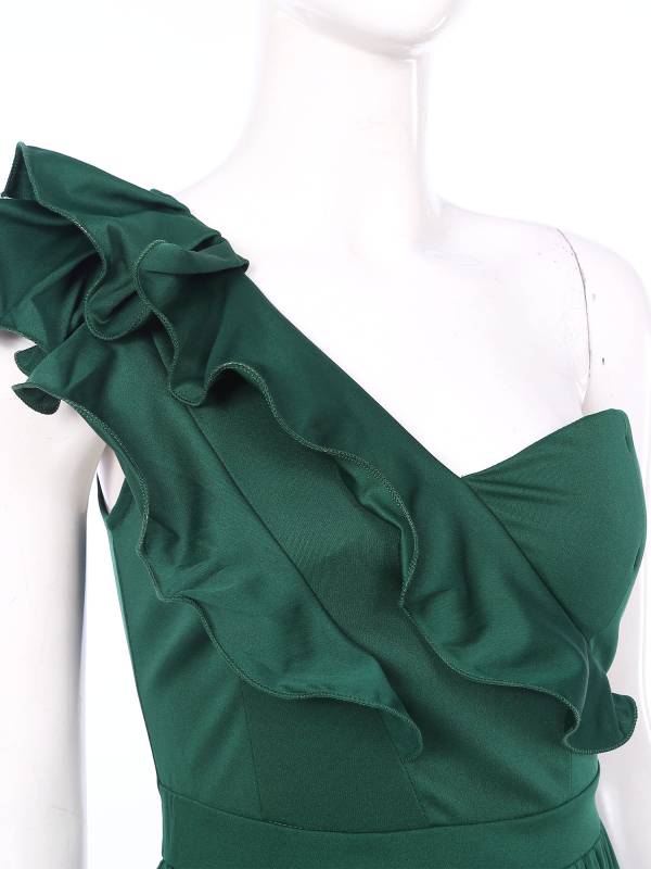 Women Sleeveless One Shoulder Ruffle Side Slit Maxi Dress thumb