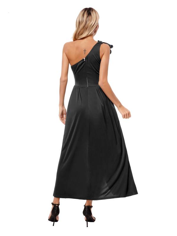 Women Sleeveless One Shoulder Ruffle Side Slit Maxi Dress thumb