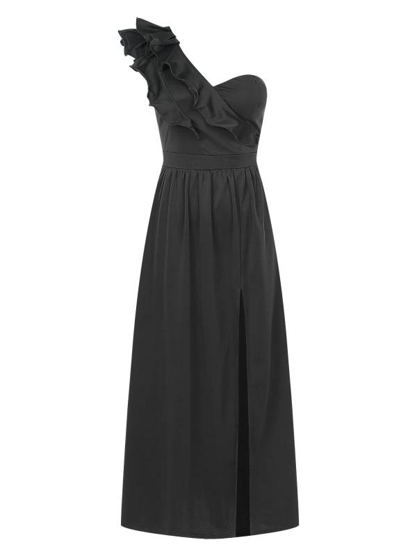 Women Sleeveless One Shoulder Ruffle Side Slit Maxi Dress thumb