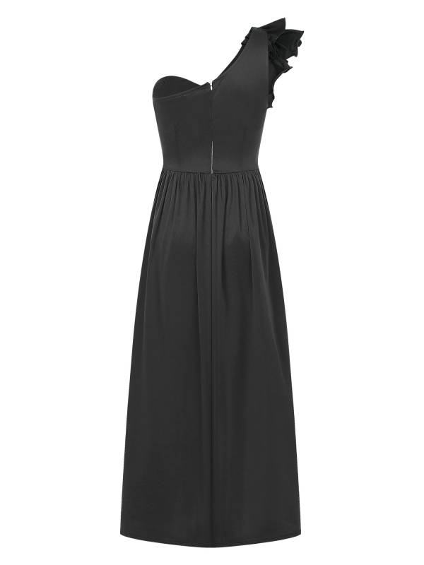 Women Sleeveless One Shoulder Ruffle Side Slit Maxi Dress thumb
