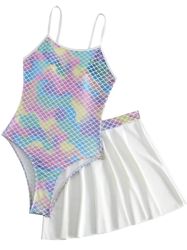 Women 2pcs Mermaid Swimsuit Fish Scale Swim Bodysuit with Skirt Set thumb