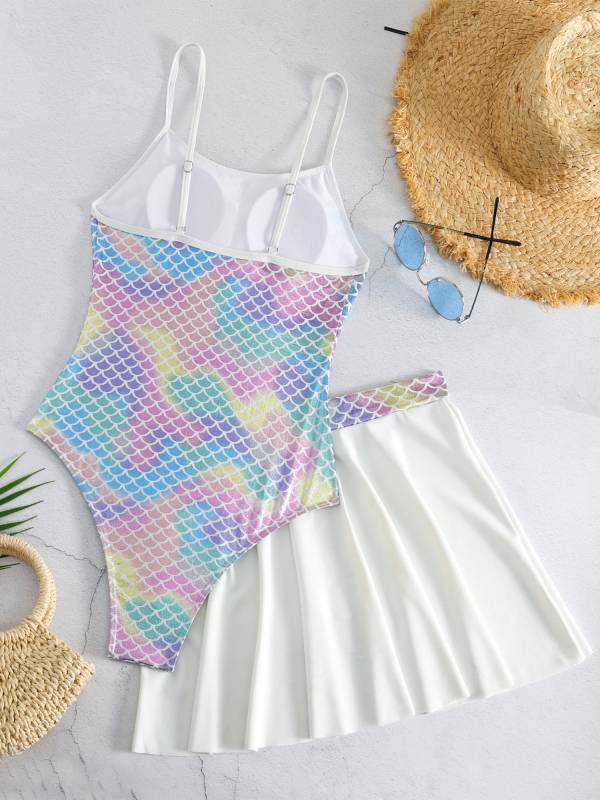 Women 2pcs Mermaid Swimsuit Fish Scale Swim Bodysuit with Skirt Set thumb