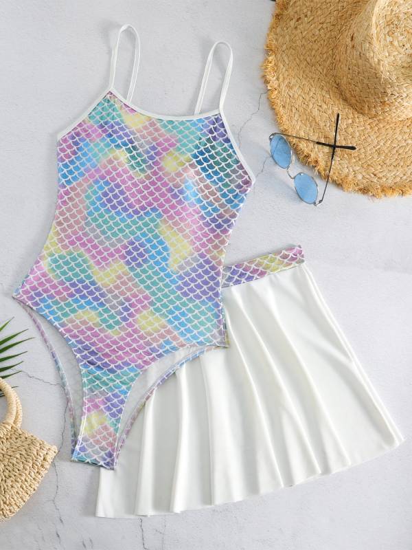 Women 2pcs Mermaid Swimsuit Fish Scale Swim Bodysuit with Skirt Set thumb