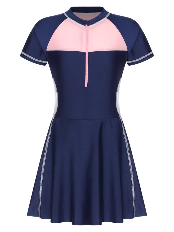 Girls Short Sleeve Color Block A-line Swimming Dress thumb