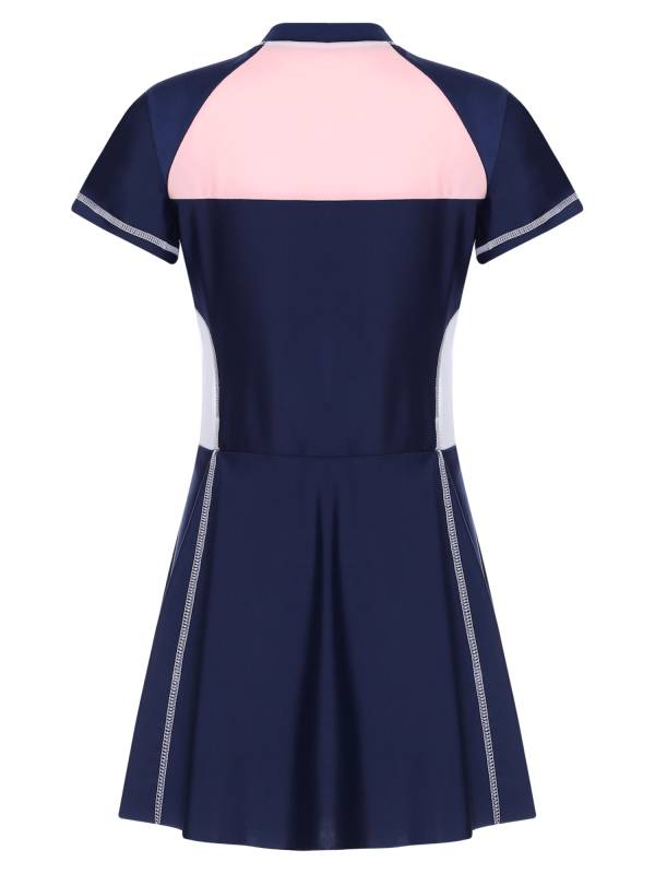 Girls Short Sleeve Color Block A-line Swimming Dress thumb