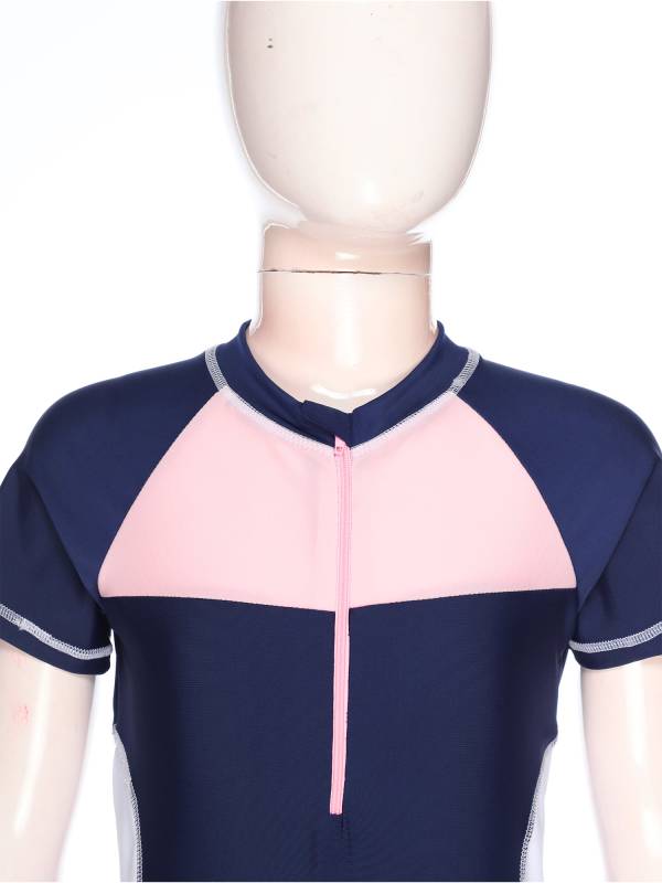 Girls Short Sleeve Color Block A-line Swimming Dress thumb