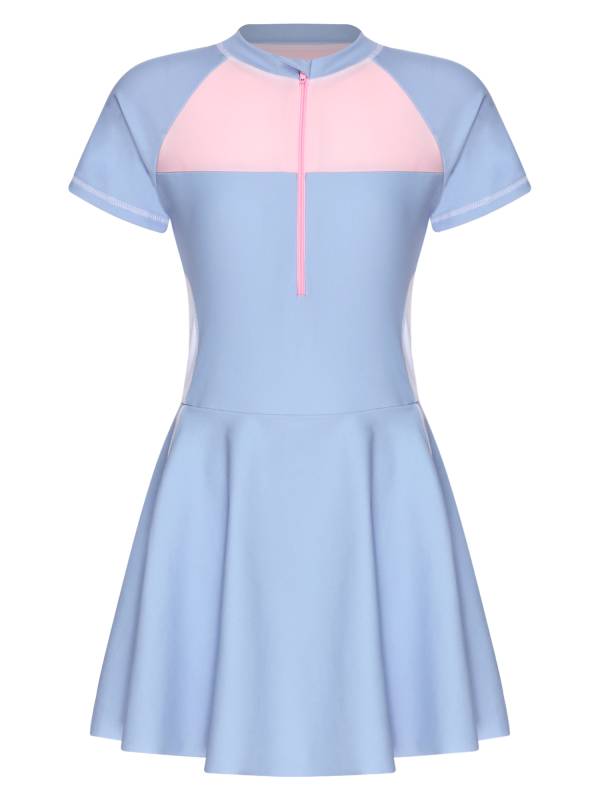 Girls Short Sleeve Color Block A-line Swimming Dress thumb