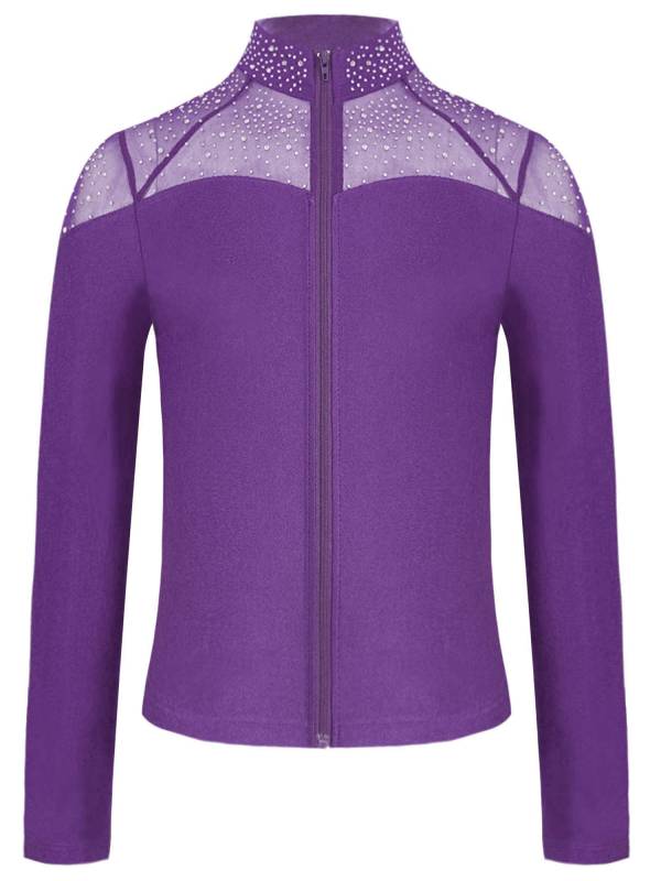 Kids Girls Shiny Rhinestones Long Sleeve Zipper Jacket for Gymnastics thumb