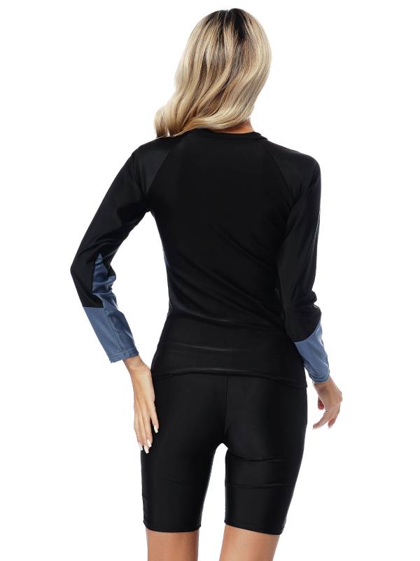 Women 2pcs Long Sleeve Swimsuit Colorblock Rash Guard and Shorts Set thumb