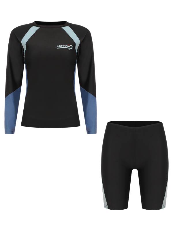 Women 2pcs Long Sleeve Swimsuit Colorblock Rash Guard and Shorts Set thumb