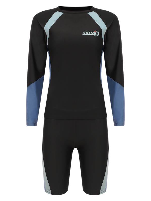 Women 2pcs Long Sleeve Swimsuit Colorblock Rash Guard and Shorts Set thumb