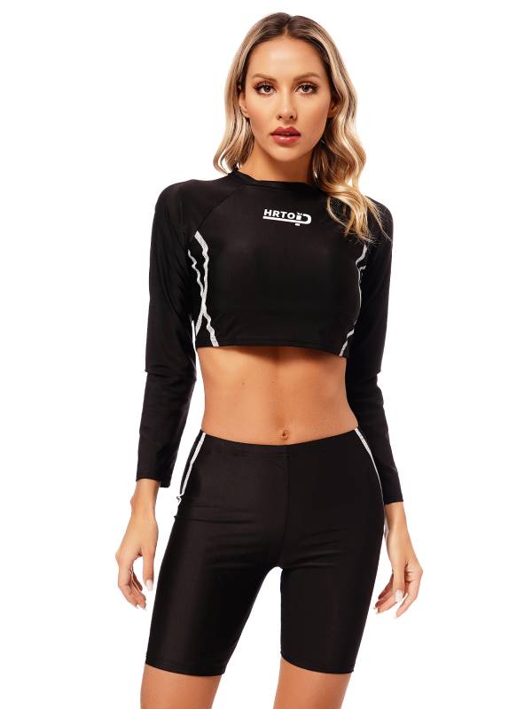 Women 2pcs Long Sleeve Crop Top and Shorts Swimsuit thumb