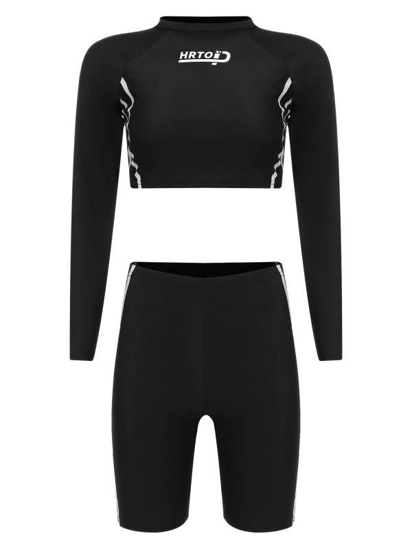 Women 2pcs Long Sleeve Crop Top and Shorts Swimsuit thumb